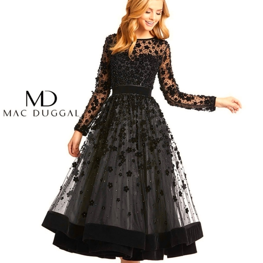 MAC DUGGAL EVENING 67007D Floral Embroidered Black Long Sleeve Gown Dress